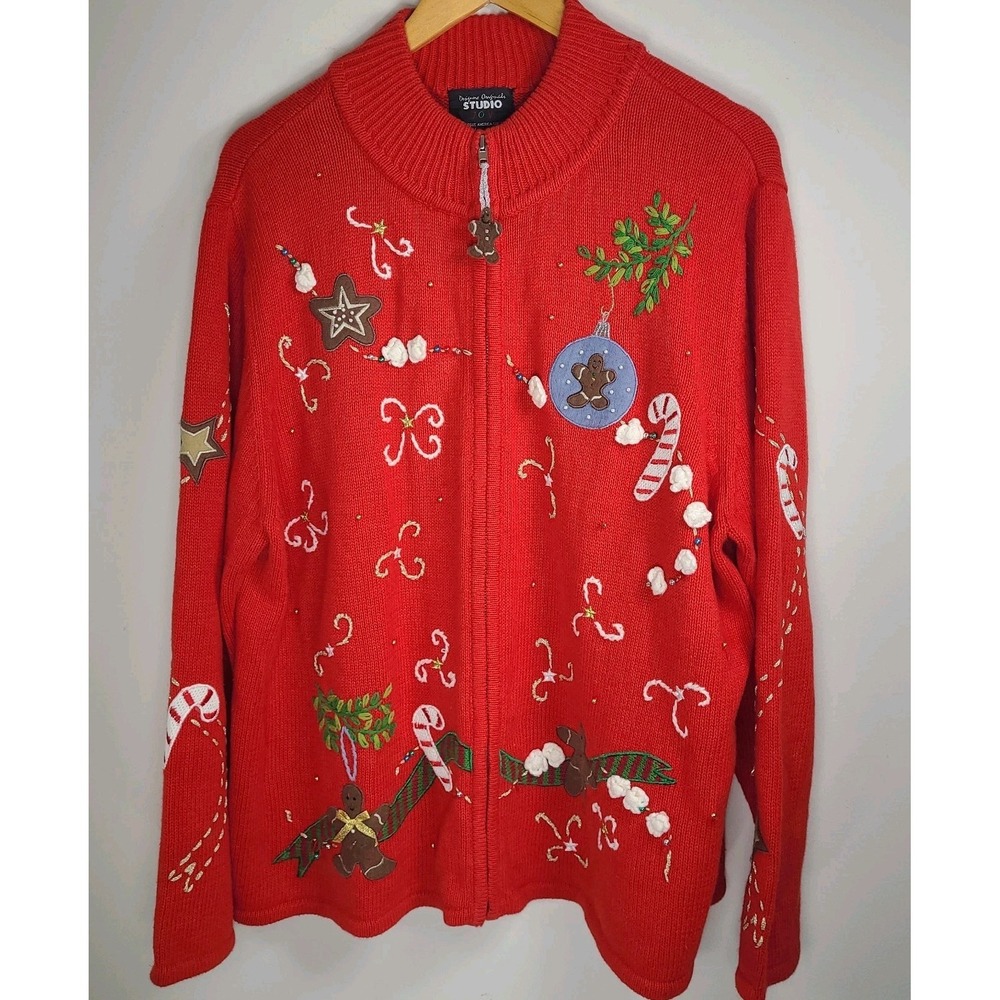 Vtg Studio Joy Christmas Sweater – Womens 2X – Red Embroidered Zip Up